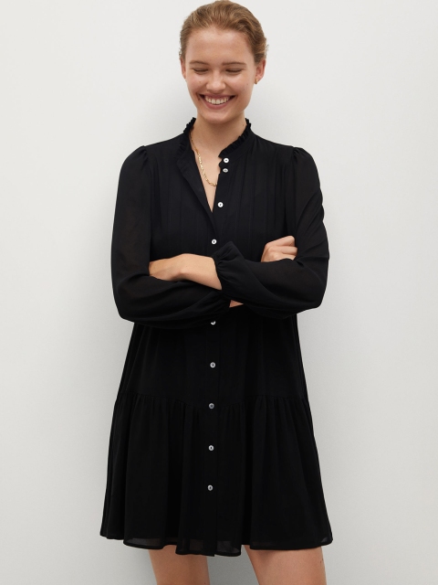 MANGO Women Black Solid Pintucks Drop-Waist Dress