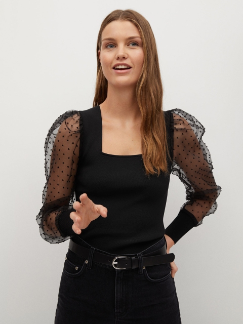 MANGO Women Black Solid Fitted Top