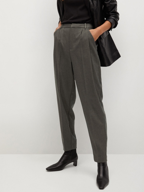 MANGO Women Charcoal Grey Regular Fit Solid Trousers