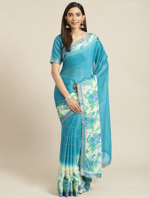 Libas Teal Blue & Mustard Yellow Floral Print Detail Striped Saree