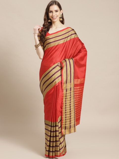 Libas Red & Green Solid Saree