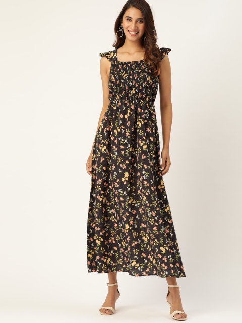 DressBerry Women Black & Yellow Floral Printed Maxi Dress