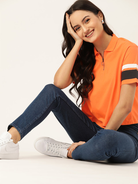 DressBerry Women Orange Solid Polo Collar T-shirt 
DressBerry Women Orange Solid Polo Collar T-shirt