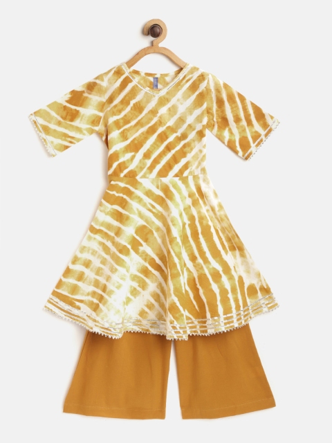 YK Girls White & Camel Brown & White Leheriya Dyed A-Line Cotton Kurta with Palazzos