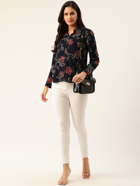 Chemistry Women Navy Blue & Red Floral Print Casual Shirt