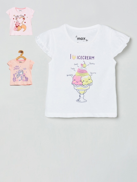 max Girls Pack Of 3 Printed T-Shirts, White