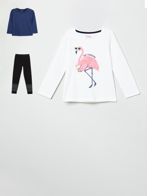 max Girls Pack Of 3 Printed Round Neck Cotton T-shirt with Leggings, White
