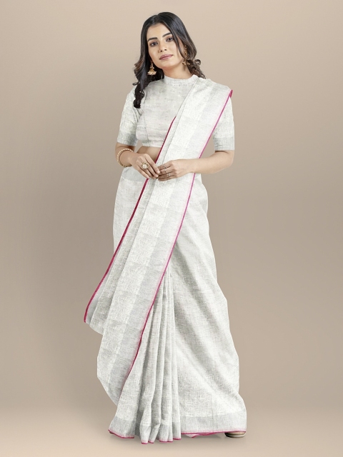 BharatSthali White Woven Design Pure Linen Handloom Sustainable Saree