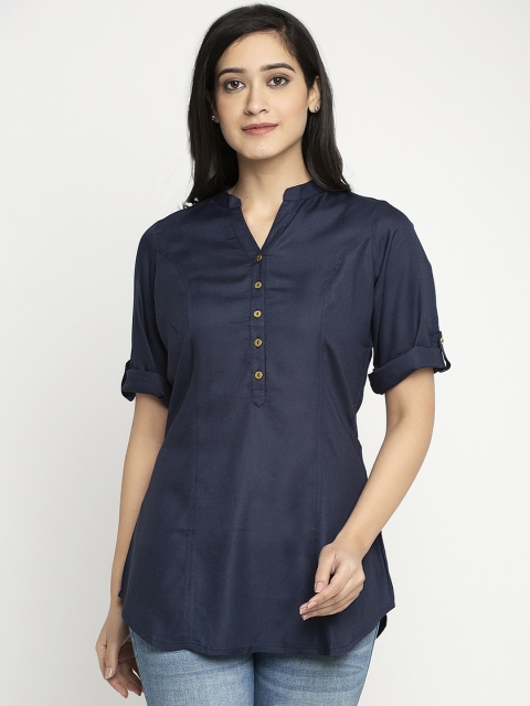 Ayaany Women Navy Blue Solid Shirt Style Top