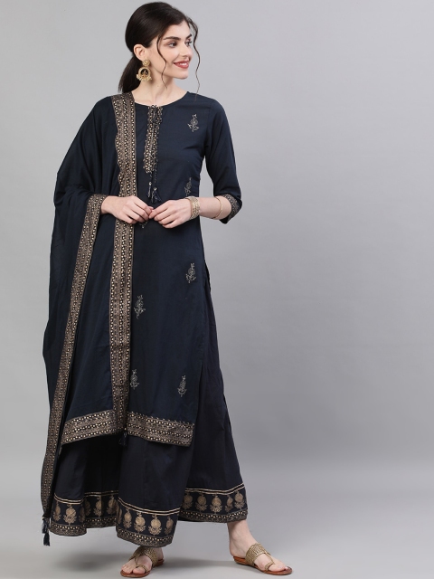 Ishin DESIGNER STUDIO Women Navy Blue & Beige Embroidered Kurta with Sharara & Dupatta
Ishin DESIGNER STUDIO Women Navy Blue & Beige Embroidered Kurta with Sharara & Dupatta