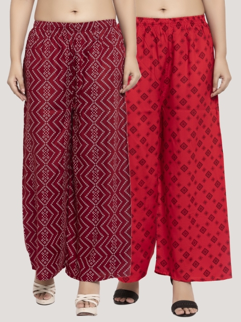 KLOTTHE Women Pack of 2 Printed Straight Palazzos, Maroon
