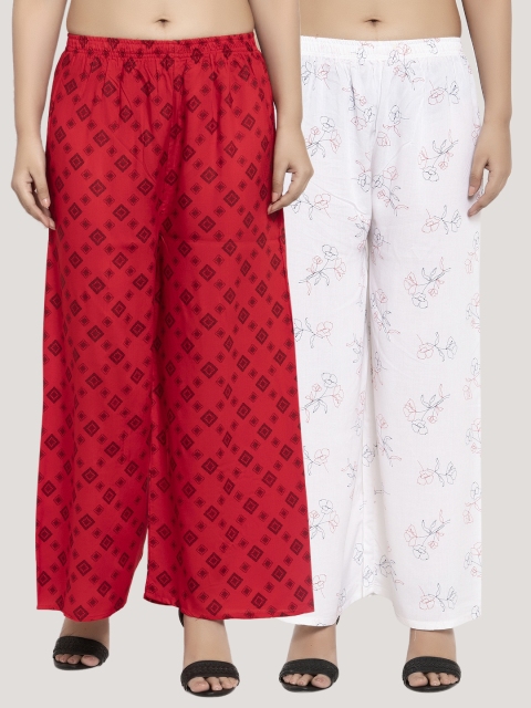 KLOTTHE Women Set of 2 Printed Straight Palazzos, Red