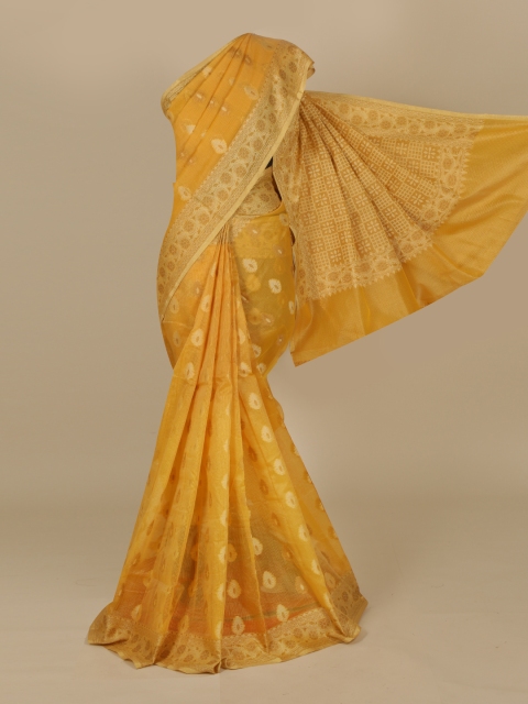Pothys Yellow & Gold-Toned Cotton Blend Woven Design Saree