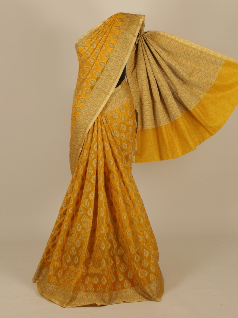 Pothys Yellow & Gold-Toned Cotton Blend Woven Design Saree