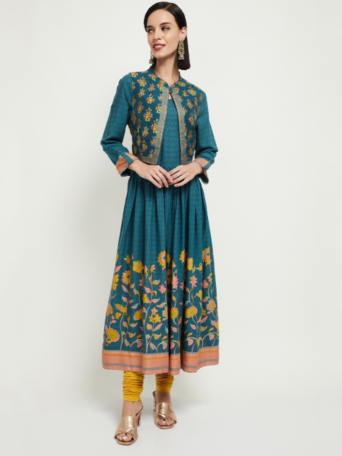 max Women Teal Blue & Yellow Printed Anarkali Kurta