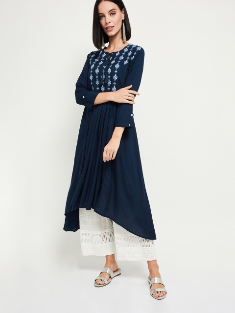 max Women Navy Blue Printed A-Line Kurta