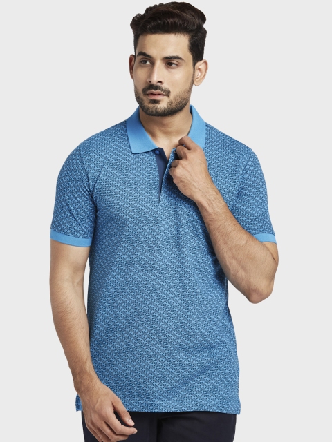 ColorPlus Men Blue Printed Polo Collar Pure Cotton T-shirt