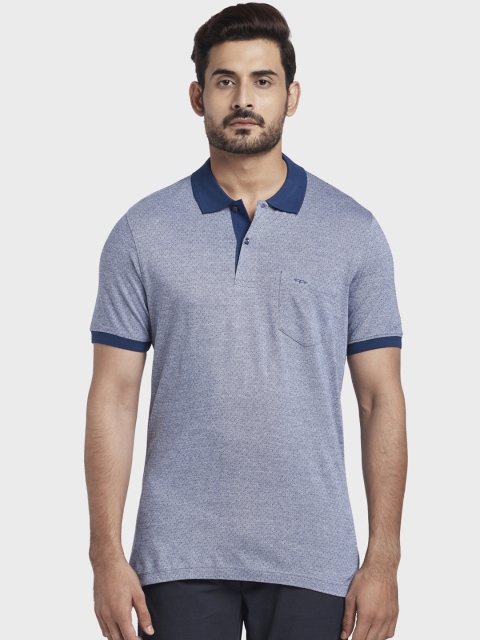 ColorPlus Men Blue Solid Polo Collar Pure Cotton T-shirt