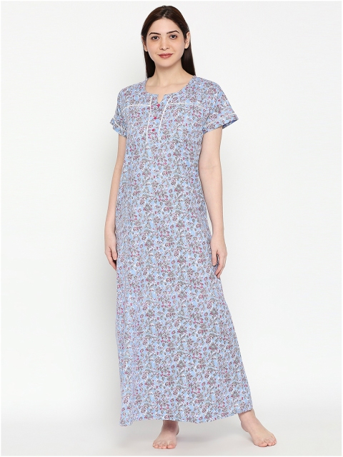 XIN Women Blue & Pink Printed Maxi Nightdress