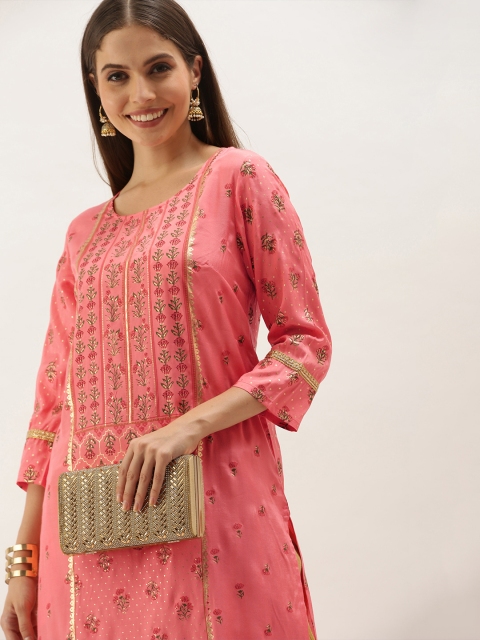 Anouk Women Coral Pink & Golden Ethnic Printed Kurta with Palazzos