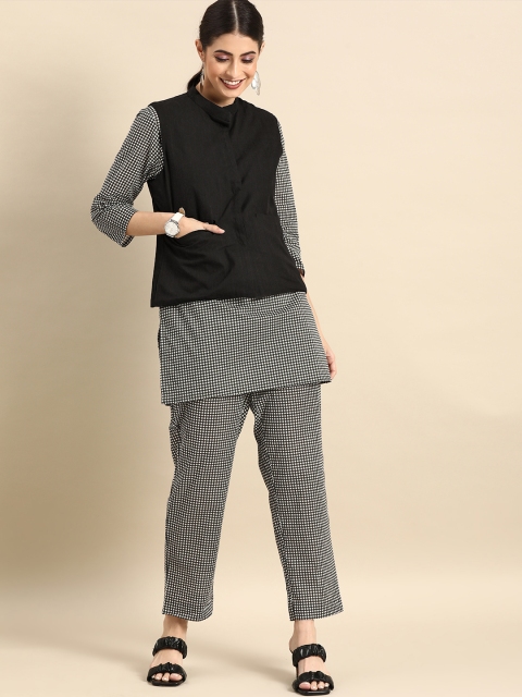 Anouk Women Black Checked Pure Cotton Kurta Set