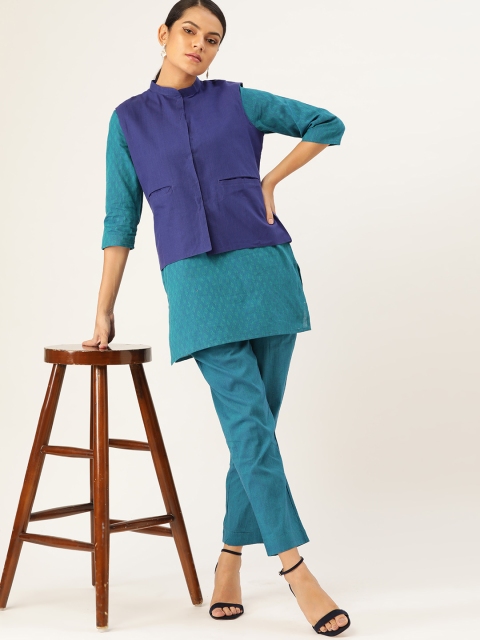 Anouk Women Blue & Teal Green Cotton Woven Design Kurta with Trousers & Nehru Jacket
Anouk Women Blue & Teal Green Cotton Woven Design Kurta with Trousers & Nehru Jacket