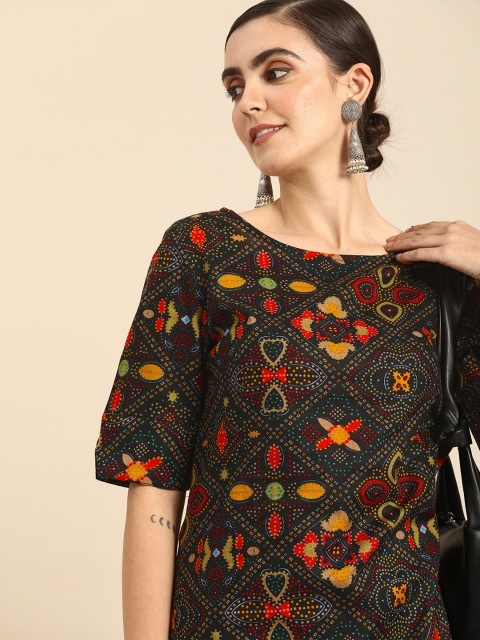 Anouk Women Navy Blue & Orange Printed Kurta