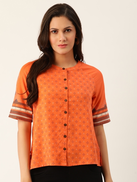 Anouk Orange Cotton Geometric Mandarin Collar Shirt Style Top