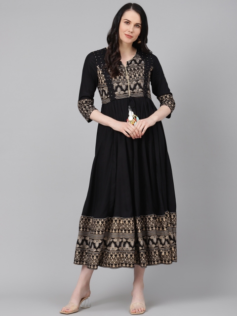 Rain & Rainbow Women Black & Beige Printed Maxi Dress