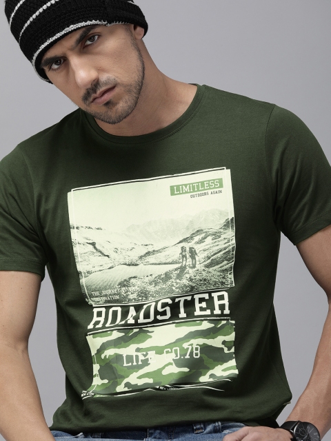 Roadster Men Olive Green Brand Logo Printed Round Neck T-shirt