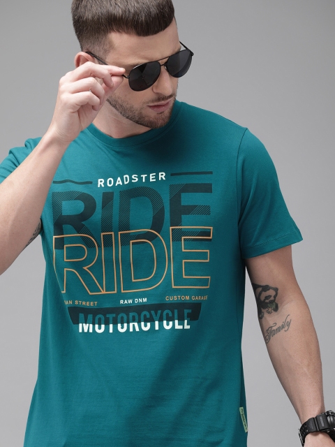 Roadster Men Teal Blue Printed Round Neck T-shirt