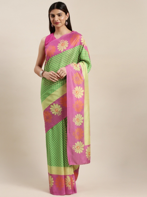 DIVASTRI Lime Green & Pink Printed Saree