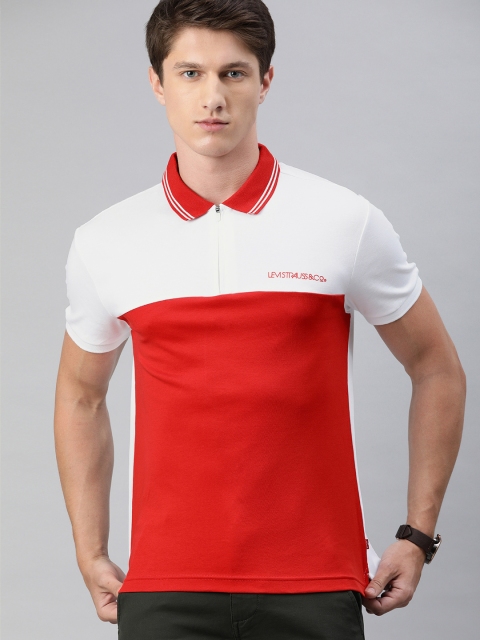 Levis Men White Red Slim Fit Colourblocked Polo Collar Pure Cotton T-shirt