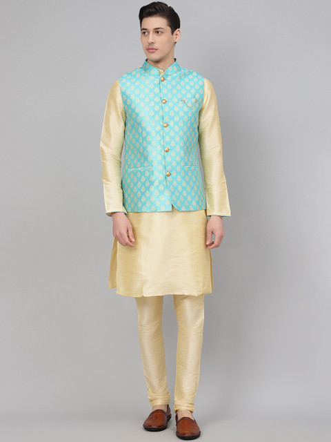 Readiprint Fashions Men Cream-Coloured & Blue Solid Kurta with Churidar & Nehru Jacket
Readiprint Fashions Men Cream-Coloured & Blue Solid Kurta with Churidar & Nehru Jacket