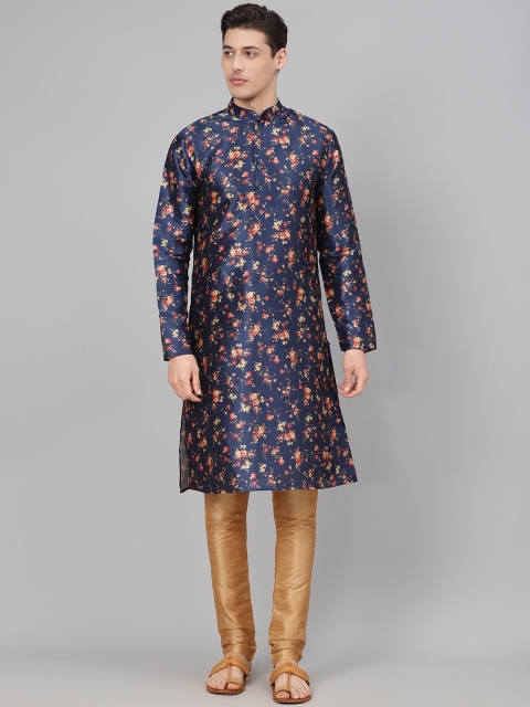 Readiprint Fashions Men Navy Blue & Beige Floral Printed Kurta with Churidar