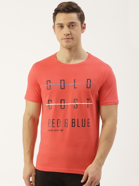 RED & BLUE Men Coral Red & Black Printed Round Neck T-shirt