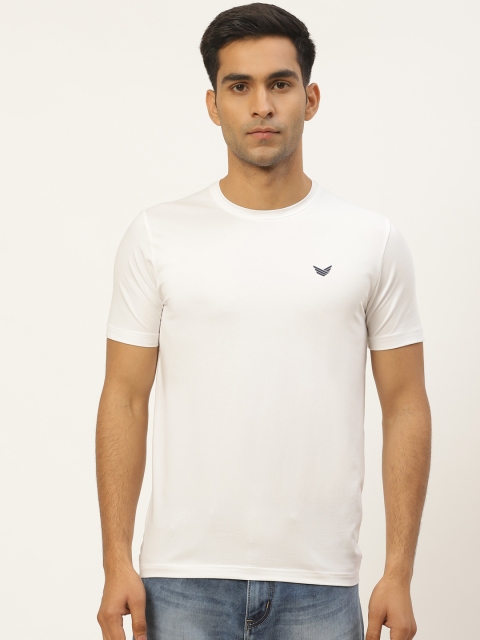 RED & BLUE Men White Solid Pure Cotton Round Neck T-shirt