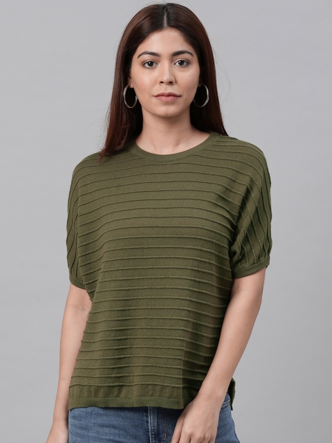 Levis Women Olive Green Self Striped Round Neck T-shirt