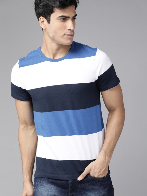 Roadster Men Blue & White Striped Round Neck Cotton T-shirt