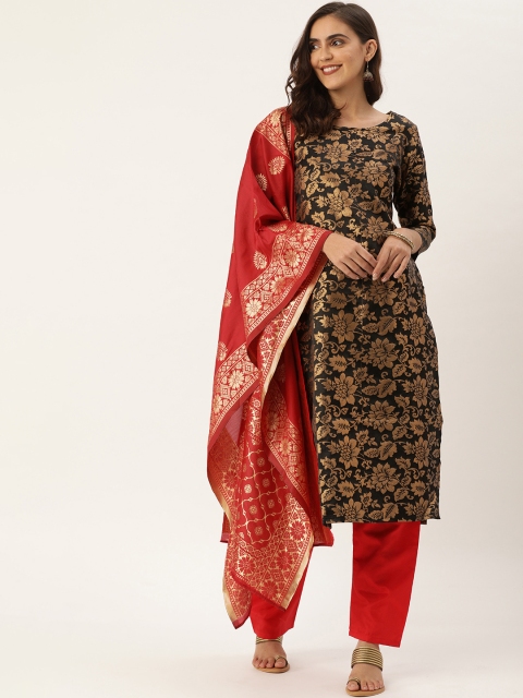 Kvsfab Black & Red Woven Design Unstitched Dress Material