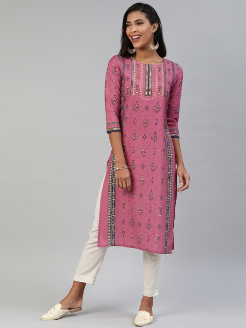 AHIKA Women Pink & Black Printed Straight Kurta