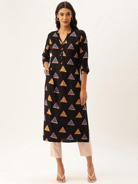 AMUKTI Women Black & Blue Printed Straight Kurta