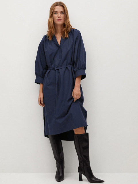 MANGO Women Navy Blue Solid Pleated Cotton Shift Dress with Belt 
MANGO Women Navy Blue Solid Pleated Cotton Shift Dress with Belt