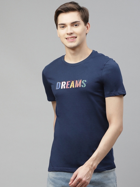 Mast Harbour Men Navy Blue Typography Printed Pure Cotton T-shirt
