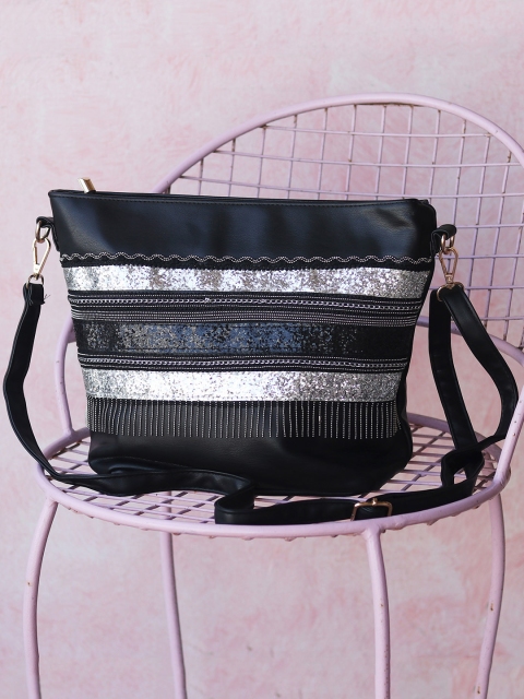 Ayesha Black & Silver-Toned Striped Shoulder Bag