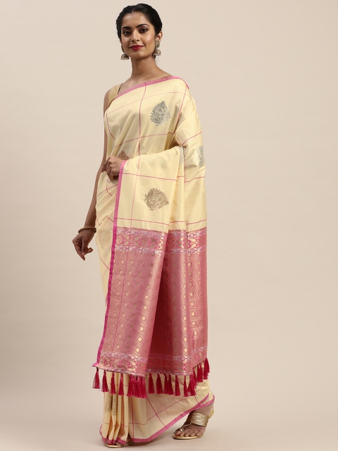 VASTRANAND Cream-Coloured Checked Banarasi Saree