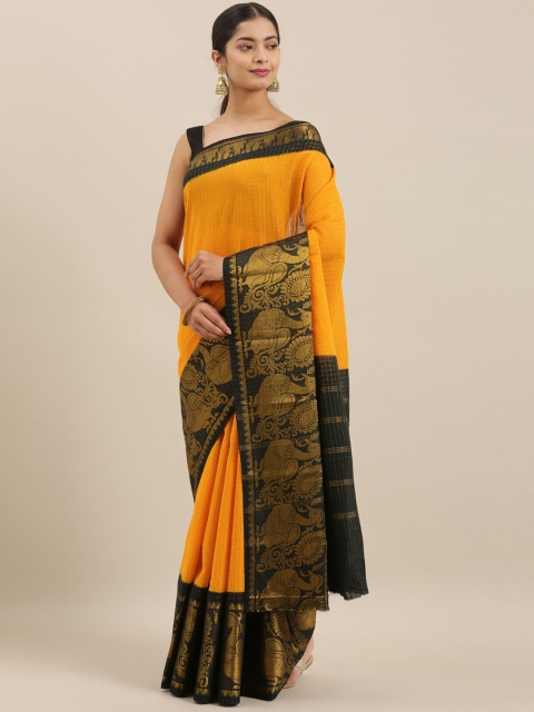 The Chennai Silks Mustard Yellow & Black Pure Cotton Checked Sungudi Saree