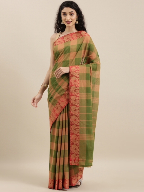 The Chennai Silks Classicate Beige & Green Pure Cotton Checked Chettinad Saree