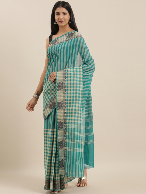 The Chennai Silks Classicate Blue & Beige Pure Cotton Checked Chettinad Saree