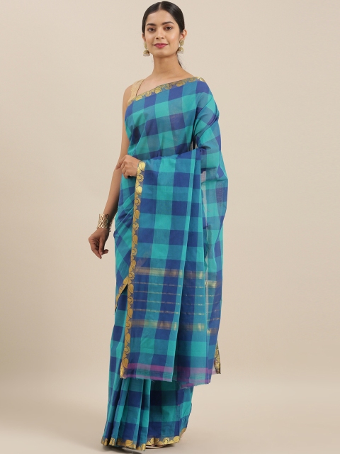 The Chennai Silks Classicate Blue Pure Cotton Checked Chettinad Saree
